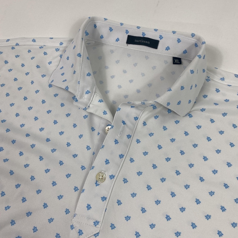 Turtleson Polo Shirt Mens XL White Blue Turtle Print Golf Performance Stretch